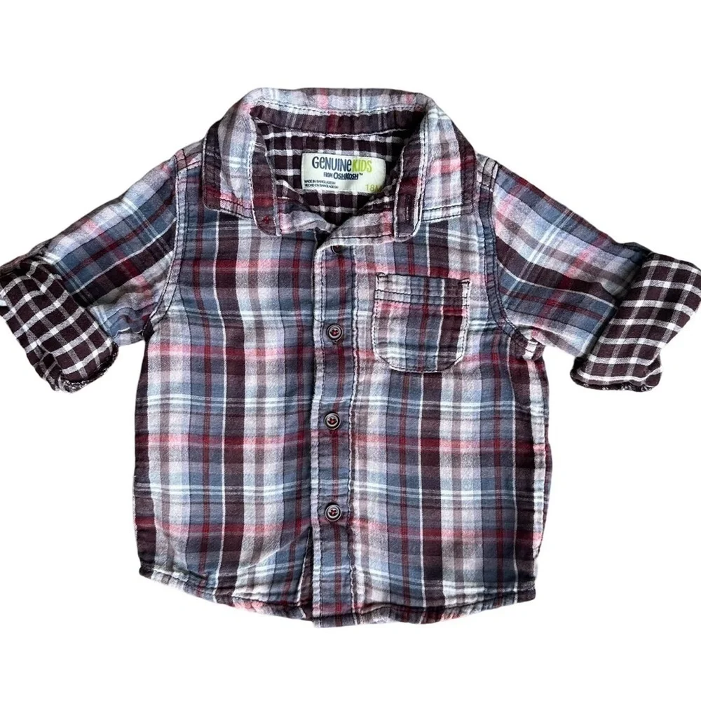 OshKosh B'Gosh 18m Boys Red Blue plaid long sleeve button down collared shirt